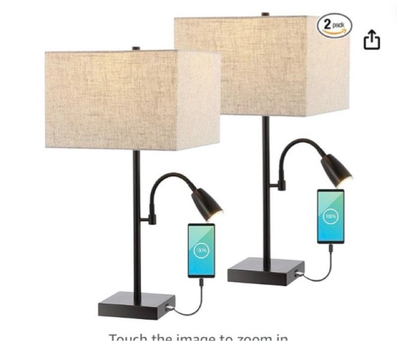  jonathan y 25.5" oil rubbed bronze 2-light industrial iron table lamp set of 2, usb charging port, adjustable reading light, square linen shade, led bulbs included jyl1112a-set2