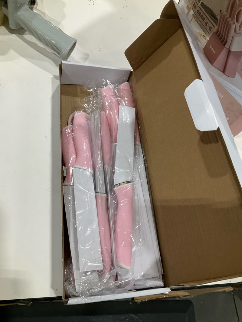 Condition photo showing Good Condition for astercook knife set, kitchen knives set with block and sharpener 15 pcs german stainless steel knives sharp blade dishwasher safe deba knives with ergonomic handle, crystal pink