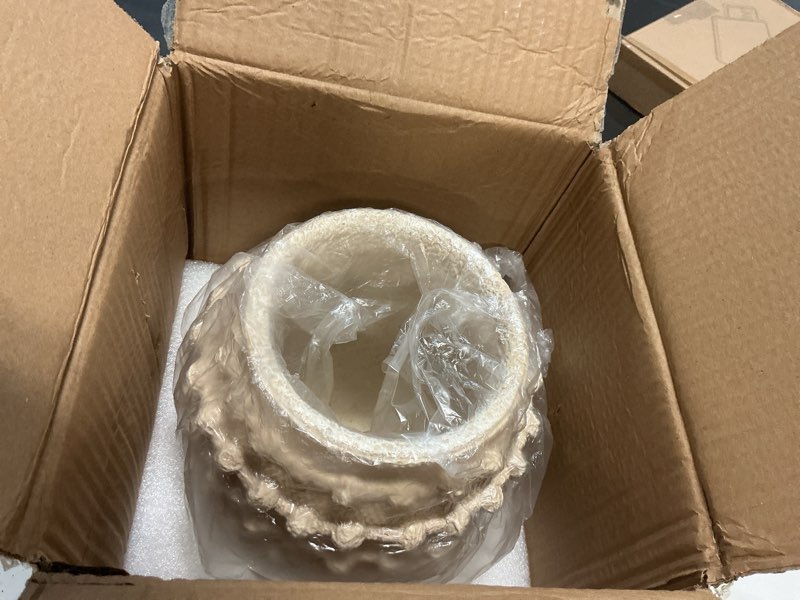 Condition photo showing New/Like New for dn deconation beige rustic farmhouse vase, 8.2 inch textured boho vase for home decor, cement decorative flower vases with rope knots for living room, table centerpiece, shelf, mantel decoration beige 8.2"