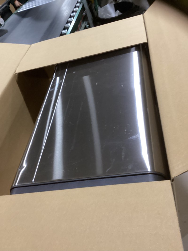 Condition photo showing As Is for EKO Mirage-T 50 Liter / 13.2 Gallon Touchless Rectangular Motion Sensor Trash Can, Brushed Stainless Steel Finish