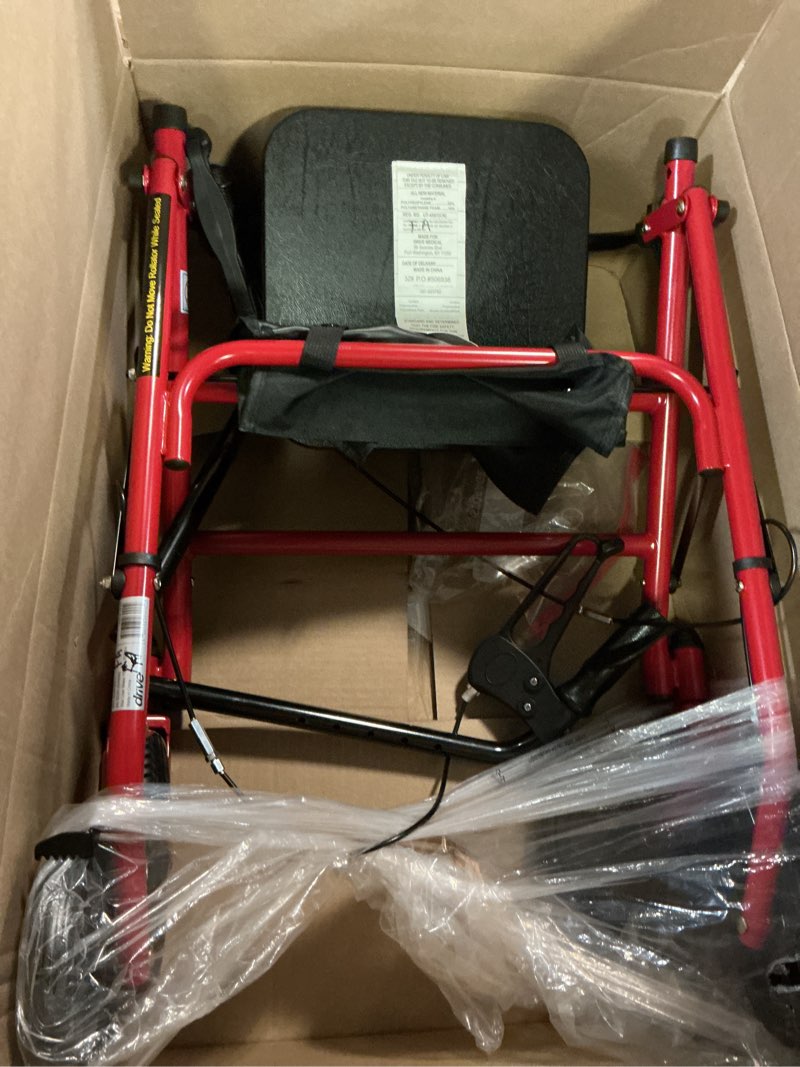 Condition photo showing As Is for drive medical rollator walker with seat - stable mobility support - height adjustable - durable steel frame construction - smooth 7.5" wheels - foldable frame - 350 lb limit - red