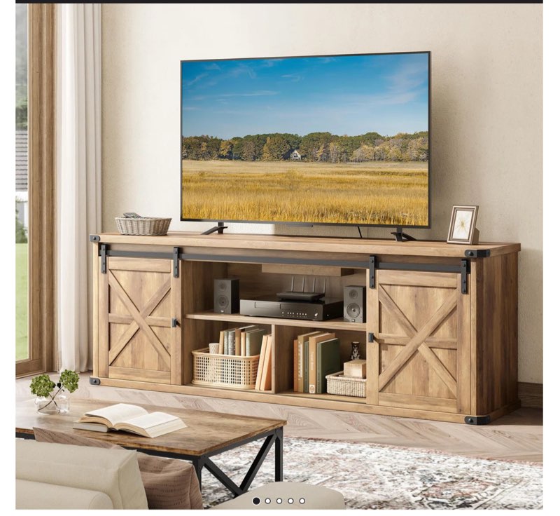 cesilee tv stand for tvs up to 75" with 2 sliding barn doors and built-in charging station