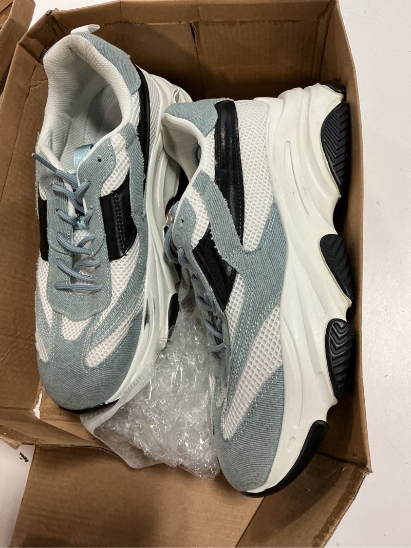 Condition photo showing Good Condition for (size 9) niluber women's chunky platform sneakers-slip on breathable running shoes-lightweight glitter rhinestone white black walking shoes 7 denim fabric