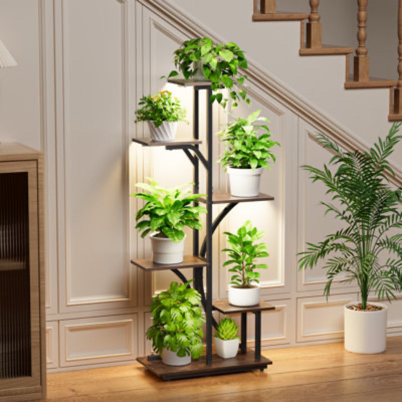 corner plant stand with grow lights indoor, 5 tiered plant shelf, curved design flower stand for living room, bedroom, black