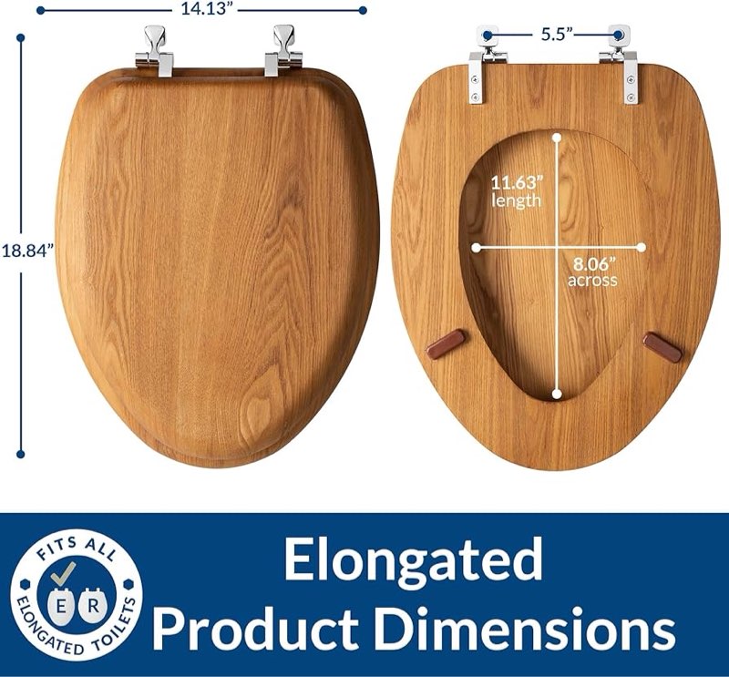 mayfair natural oak veneer toilet seat with chrome hinges, elongated, wood