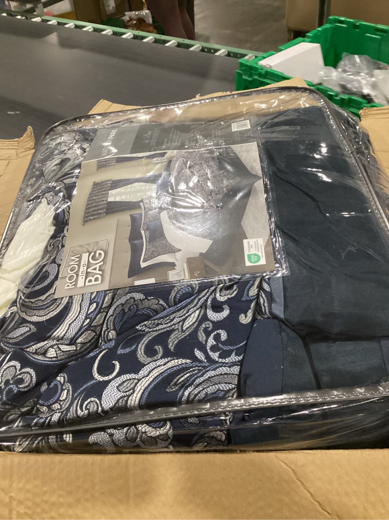 Condition photo showing As Is for madison park essentials brystol 24 piece room in a bag faux silk comforter jacquard paisley design matching curtains down alternative all season bedding-set, king(104 in x 92 in), navy 24 piece navy queen (90 in x 90 in) paisley