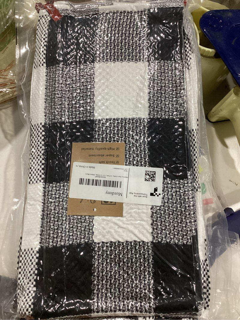 Condition photo showing Good Condition for Mordimy 100% Cotton Waffle Weave Plaid Dish Cloths, 12 x 12 Inches, Super Soft and Absorbent Quick Drying Buffalo Check Dish Rags for Kitchen, 12-Pack, Black & White Black & White 12" x 12" - 12 Pack
