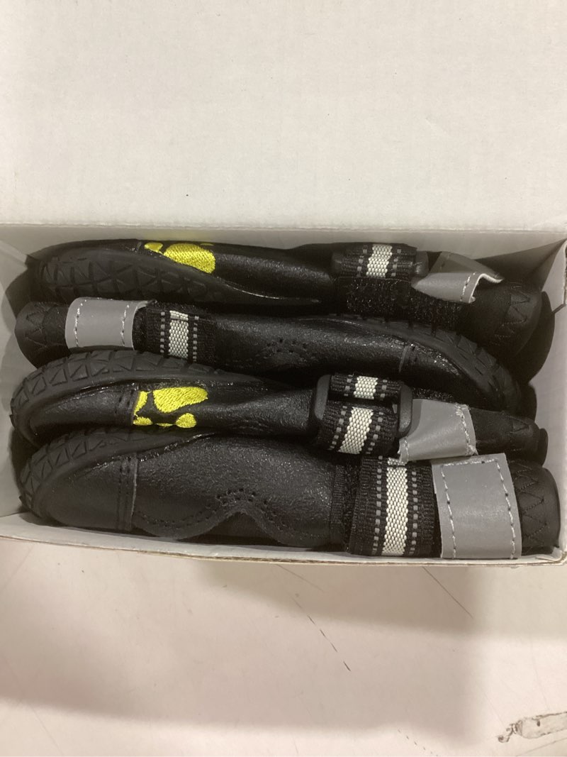 Condition photo showing Good Condition for QUMY Dog Shoes for Large Dogs, Medium Dog Boots & Paw Protectors for Winter Snowy Day, Summer Hot Pavement, Water-Resistant in Rainy Weather, Outdoor Walking, Indoor Hardfloors Skid-Resistant Sole Black Size 7: 2.8''x3.2"(W*L) (Pack of 4)