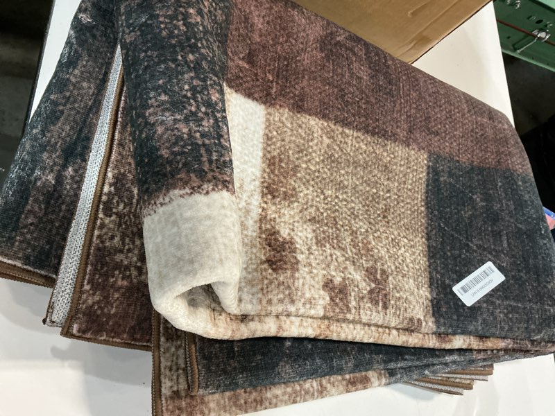 Condition photo showing As Is for modern geometric patchwork indoor area rug for living room, chocolate 5'x 7' large rug rockwood collection hardwood floors decor for bedroom, brown throw carpet for office entryway dining room 5 x 7 feet chocolate