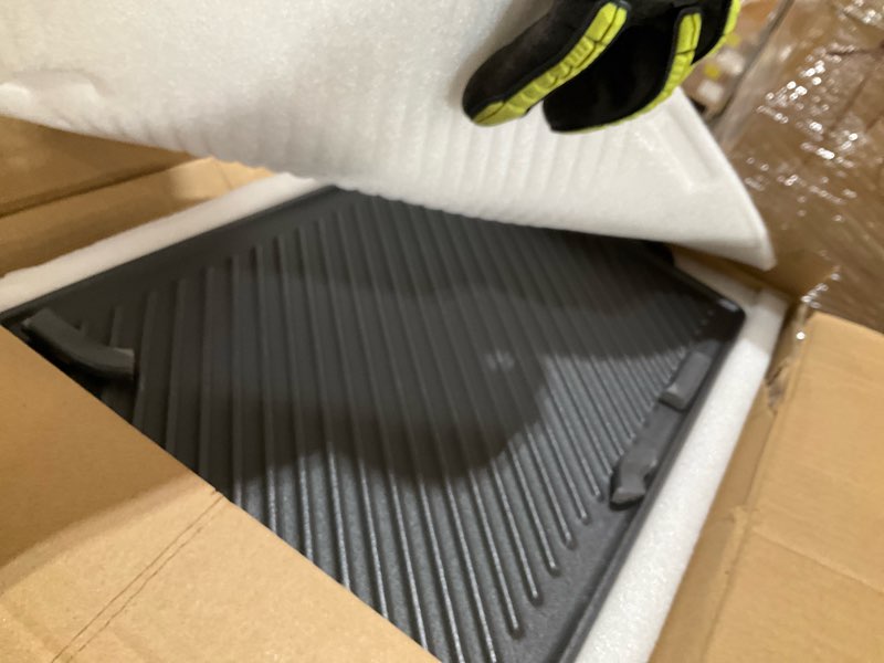 Condition photo showing As Is for ggc cast iron reversible griddle, double-sided griddle pan for indoor and outdoor cooking, 15 x 9 griddle plate with flat and ribbed side for stove tops, gas grills and camping 15" x 9" x 0.5"