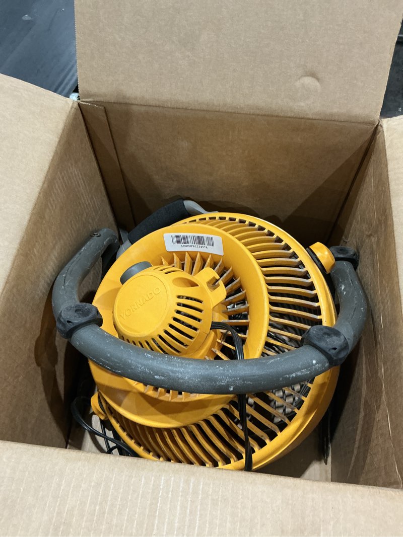 Condition photo showing As Is for vornado 293 large heavy duty shop fan, 3 speed electric fan, high impact casing, ip54-rated motor, whole room air circulator, pivoting head, carry handle, 16” floor fan for bedroom and garage, yellow