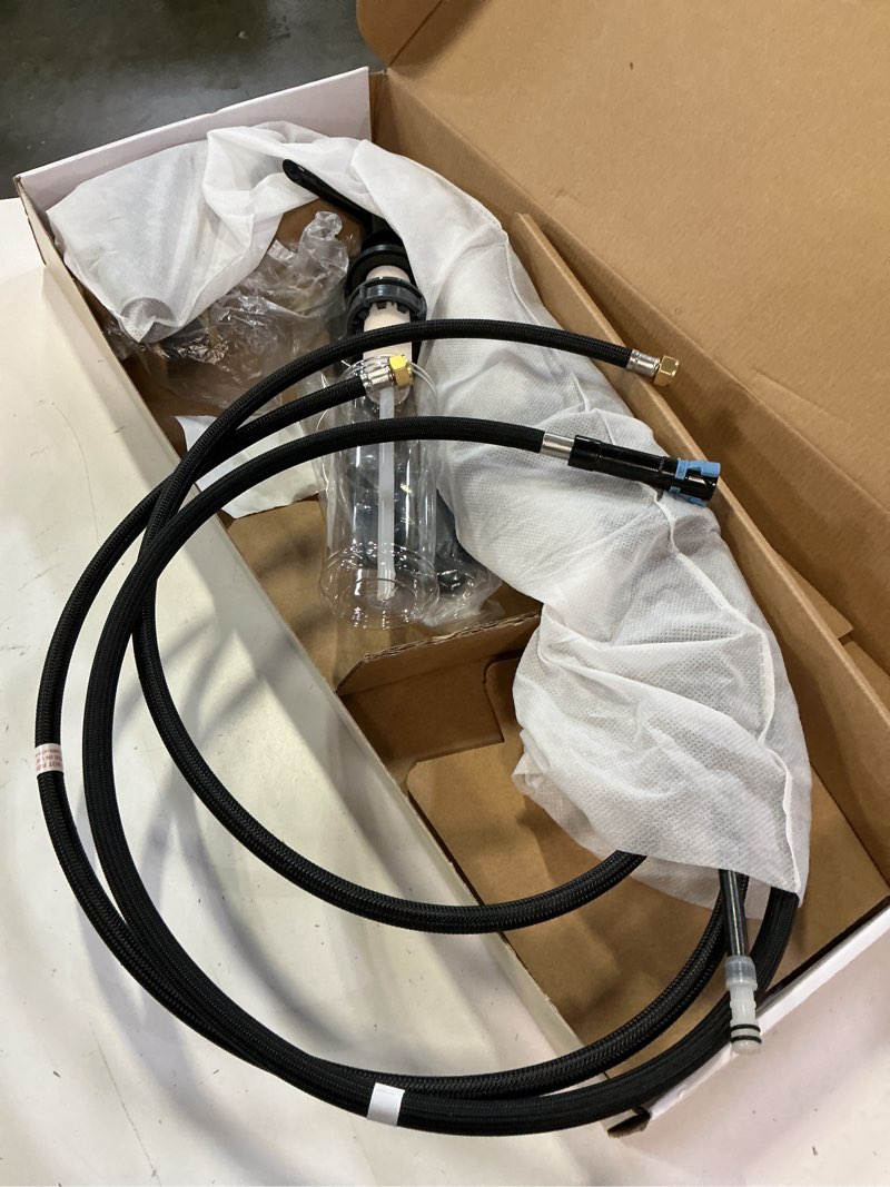 Condition photo showing As Is for allen + roth harlow matte black single handle pull-down kitchen faucet with sprayer (deck plate and soap dispenser included)