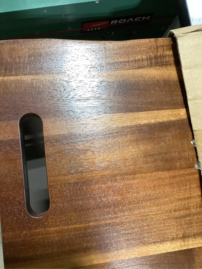 Condition photo showing As Is for large acacia serving board with handles, 36 x 12 inch rectangular charcuterie platter, natural wood server for meat, cheese board, and party appetizers, extra long 3ft