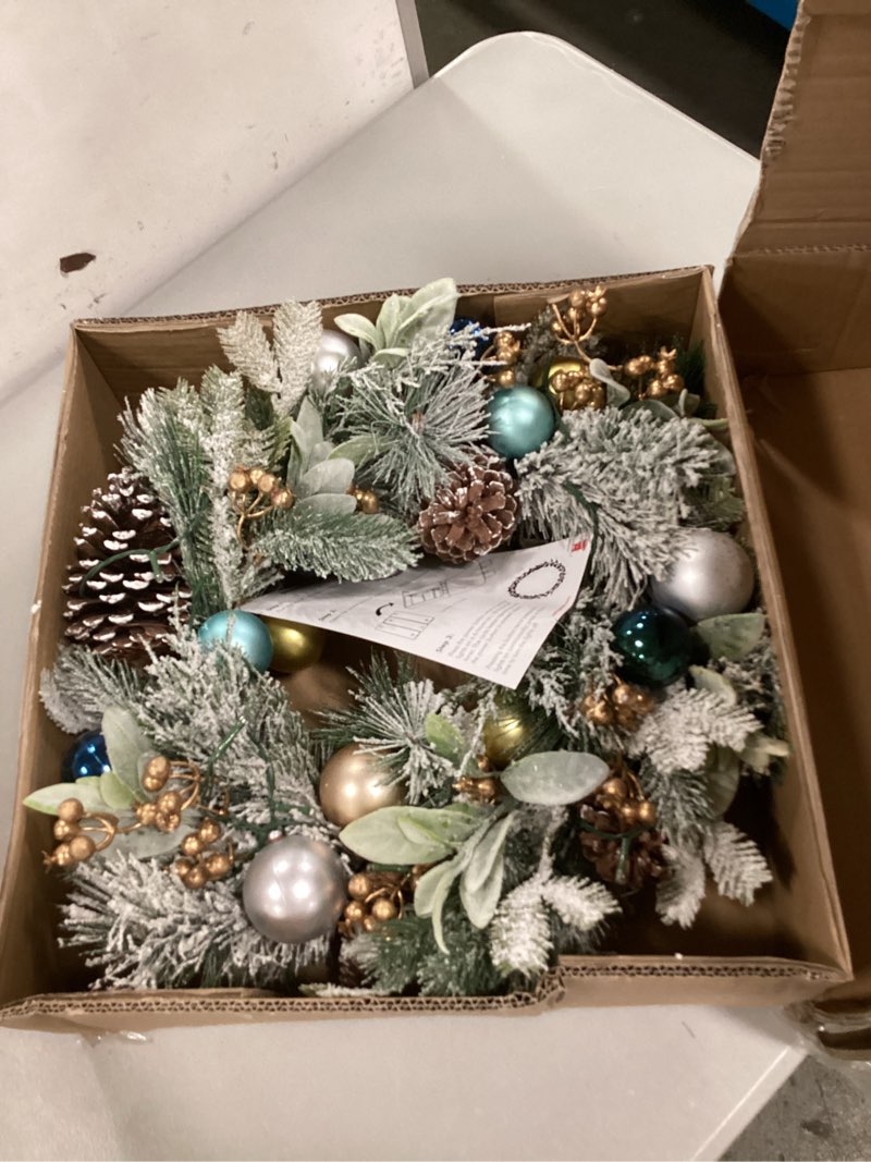  red co. 22” decorative snow-flocked artificial light-up christmas wreath with assorted ornaments, battery-operated led lights with timer 22 inch