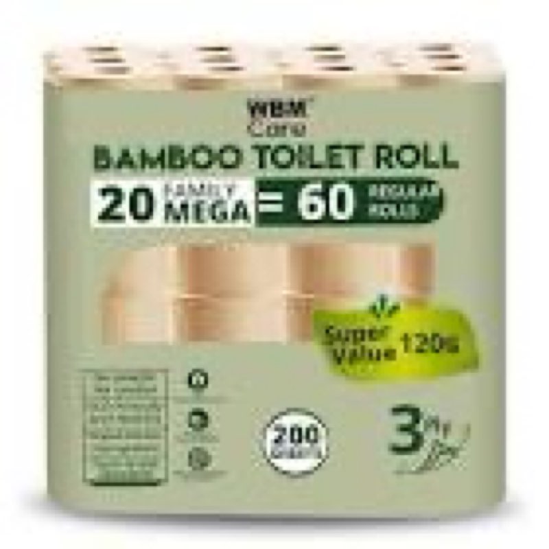 wbm care ultra soft bamboo toilet paper, 3-ply 20 mega rolls = 60 regular bath tissue, 155 sheets