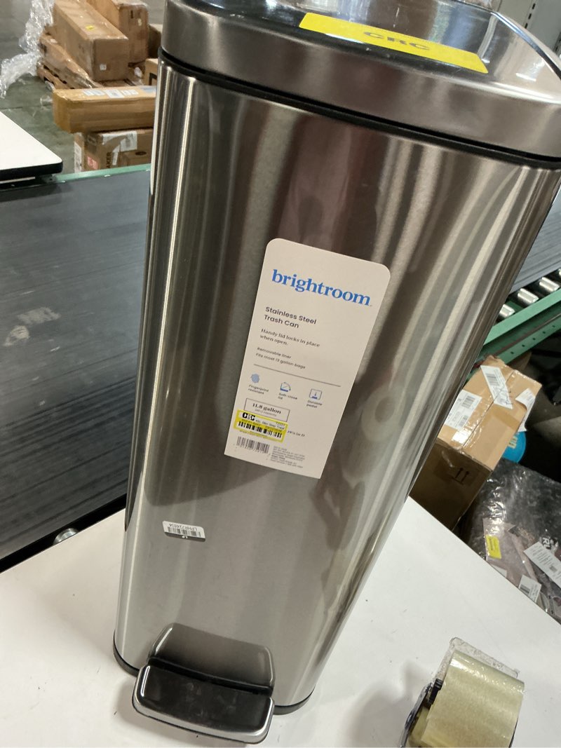 Condition photo showing As Is for 45l slim step trash can - brightroom™: stainless steel kitchen garbage can, indoor, smooth finish, silver, 11.8 gallon capacity