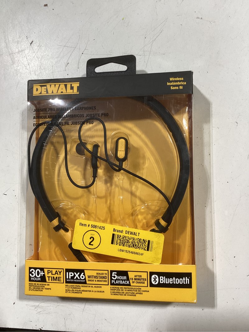 Condition photo showing As Is for dewalt wireless bluetooth behind-the-neck headphones 1 pk
