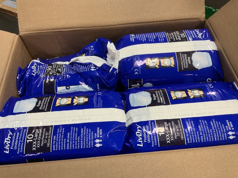 Condition photo showing Good Condition for LivDry 3XL Overnight Adult Diapers for Women and Men, XXXL Incontinence Underwear, 72”-92\" Waist, Disposable Pull-On Briefs, XXX-Large, 40 Count 3X-Large (40 Count)