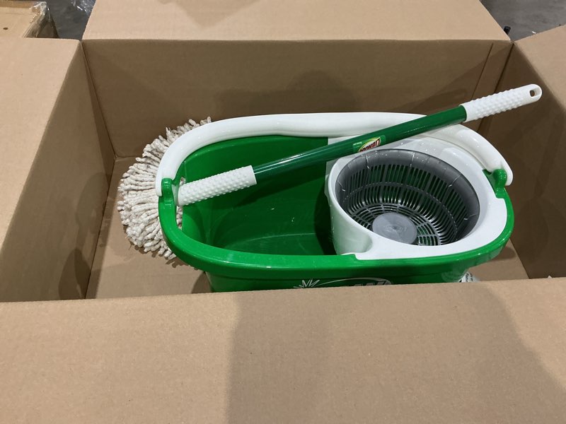 Condition photo showing As Is for libman tornado spin mop system with refill heads, microfiber spinning mop and bucket with wringer set for home, floor cleaning of hard-wood, laminate, tile, all surface cleaner spin mop plus 3 refills