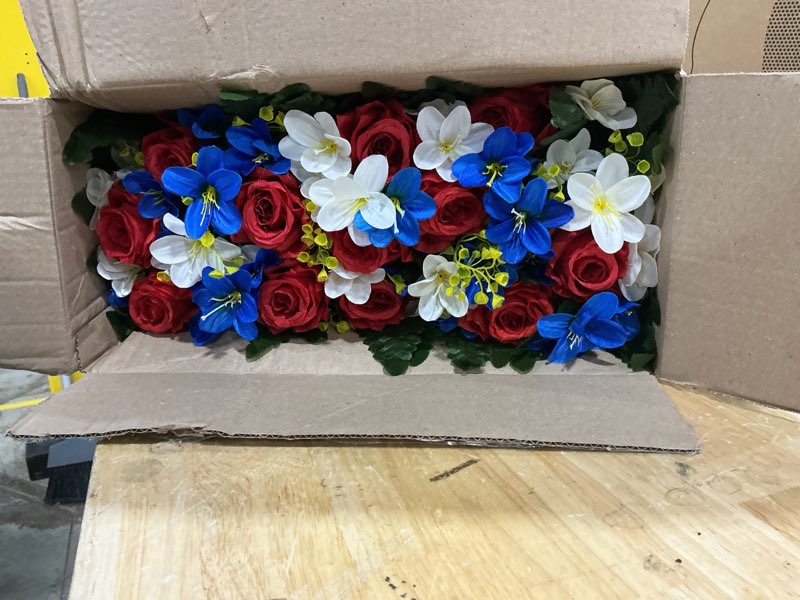 Condition photo showing Good Condition for memorial day flowers for cemetery grave decor, red white and blue | weather-resistant, roses, sunflowers, patriotic headstone flower saddle, artificial cemetery flower for gravestone, tombstone saddle red white & royal blue