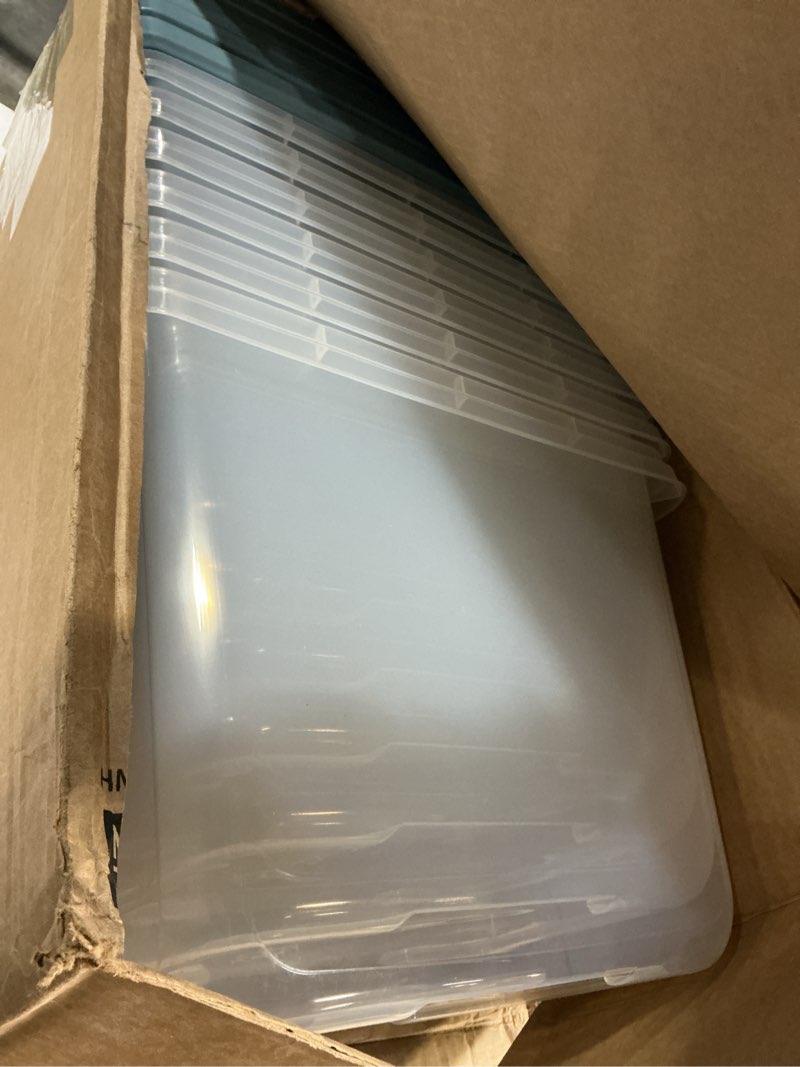 Condition photo showing Good Condition for Hefty HI-RISE 72 Qt Large Plastic Storage Bins with Lids, 6 Pack Stackable Containers with Secure Latching Handles, Clear Storage Totes for Garage, Closet, Basement, Clothes and Household Organization 72 Qt - 6 Pack