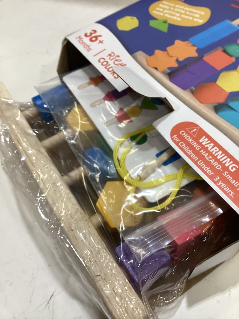 Condition photo showing Good Condition for montessori wooden beads sequencing toy set, stacking blocks & lacing beads & matching shape stacker, montessori toys for 3 4 5 year old stem preschool learning toys gifts for kids boy girl toddler