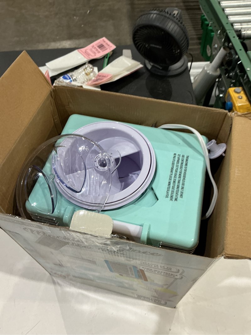 Condition photo showing As Is for nostalgia snow cone machine with 2 reusable plastic cups & ice scoop for easy serving- retro table-top ice cone maker makes 20 icy treats- slushie machine for parties, family treats & gatherings- aqua table top aqua