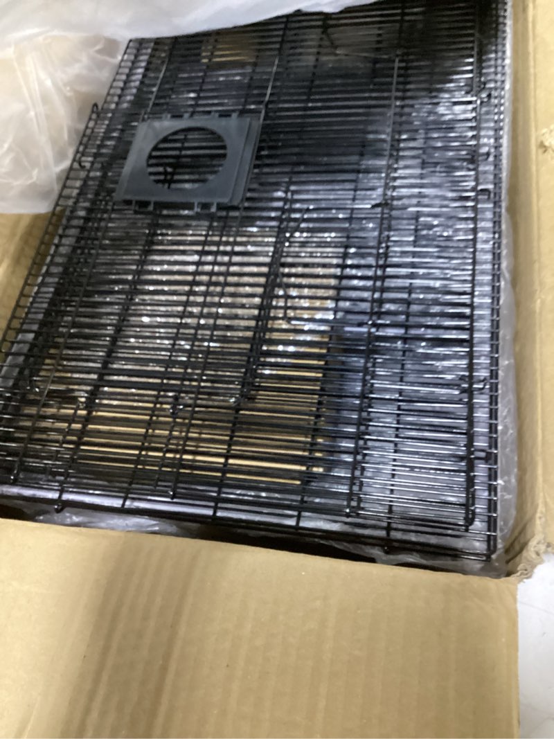Condition photo showing As Is for hamster cage kit 22?lx12?wx15?h with 2 spacious platforms, exercise wheel, hide-house, water bottle, bathtub, ladders, food bowl, black/gray