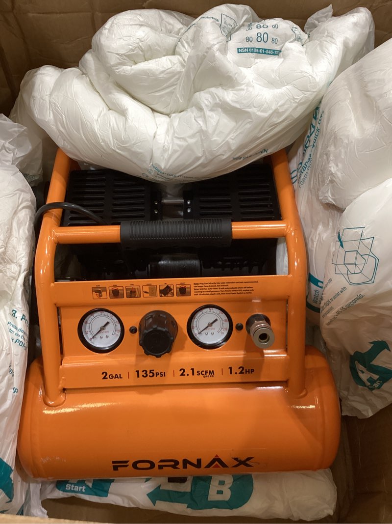 fornax air compressor portable 2 gallon, 1.2 hp 2.1 scfm@ 90 psi oil free, max pressure 135 psi, 65 db silent air compressor for auto repair, tire inflation, airbrushing, nailing
