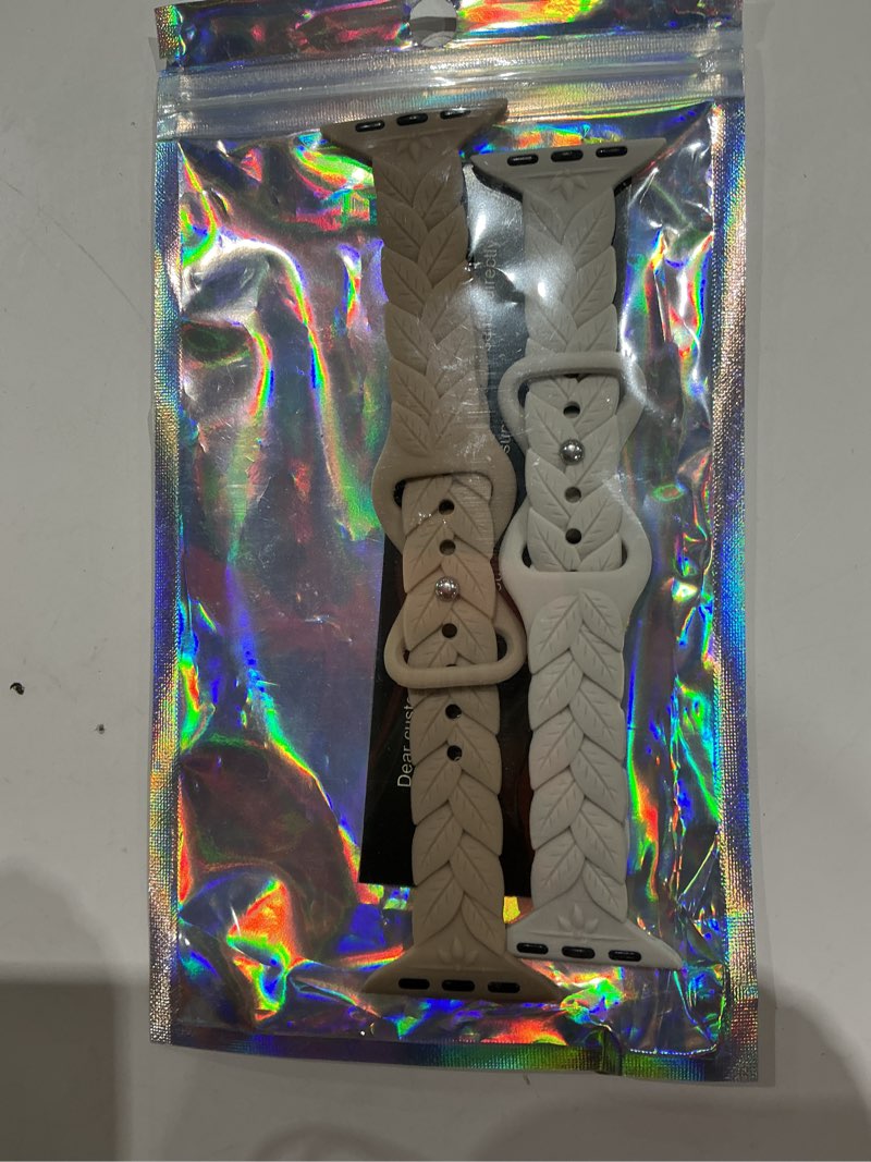 Condition photo showing Good Condition for jr.dm 2 pack engraved silicone-bands compatible with apple watch band 38mm 40mm 41mm 42mm 44mm 45mm 46mm 49mm, slim feminine fashion leaf waterproof strap,for iwatch series 11 10 9 8 7 6 5 4 3 2 1 women a 2pcs starlight/milk tea 41/40/38/42mm(series 10/11)