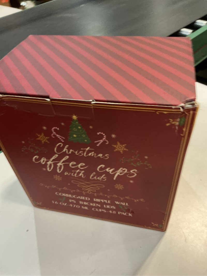 Condition photo showing New/Like New for 16 oz Christmas Disposable Coffee Cups with Lids, Christmas To Go Coffee Cups, Insulated Ripple Double-Walled Paper Cup for Hot Cocoa, Hot Chocolate, Drinks Supplies, Xmas Dinner Party (48 Pack) Christmas-four style 16 once
