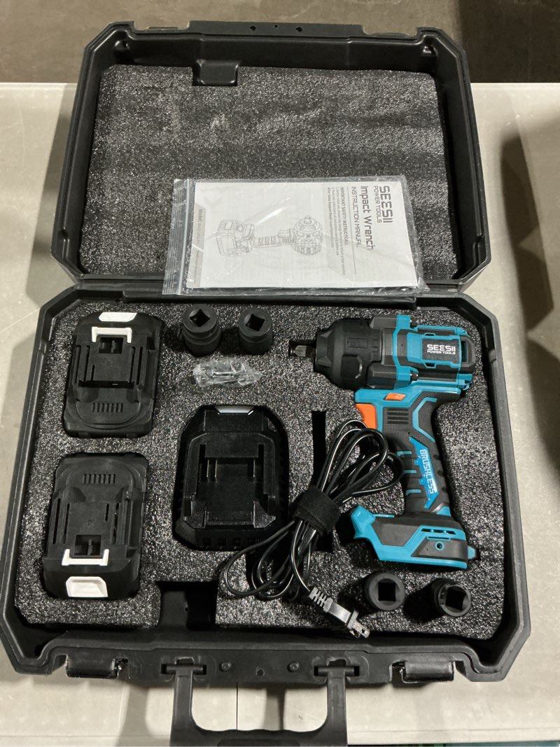 Condition photo showing Good Condition for seesii impact wrench 886 ft-lbs(1200n.m), 1/2 high torque impact gun with 21v 2x4.0ah battery, electric impact driver, 2900ipm, 5 socket, cordless impact wrench for home car/mower/pickup/truck rv 1200n.m with two batteries