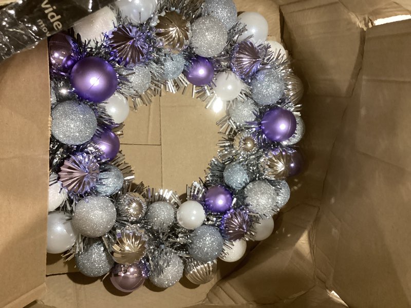 Condition photo showing As Is for 16 Inch Christmas Ornament Wreath–Classical Glitter Ball Wreath with Tinsel for Holiday Door & Wall Decoration Silver and Purple