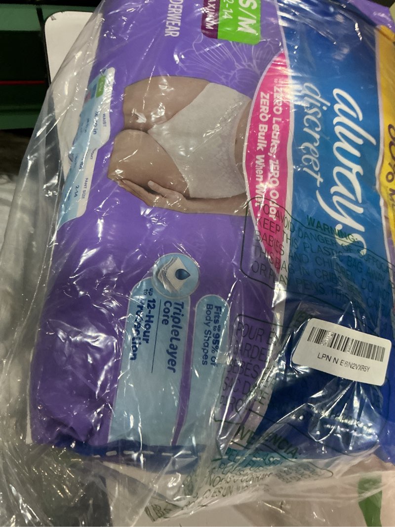Condition photo showing New/Like New for always discreet adult diapers for women, incontinence underwear, postpartum essentials, disposable briefs, max absorbency, bladder leak protection, small/medium, 32ct small/medium 32