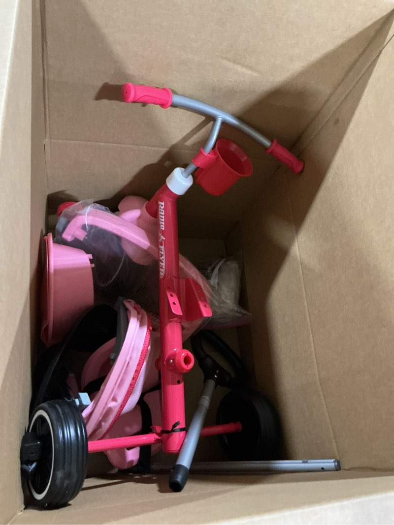 Condition photo showing As Is for radio flyer 4-in-1 pedal & push stroll ’n trike, ages 1-5, toddler tricycle & stroller, high-density foam tires, parent push handle, uv canopy, removable tray, headrest & seatbelt, stroller tricycle pink