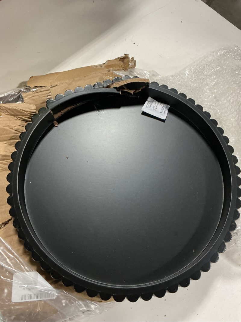 Condition photo showing As Is for handmade 12in decorative tray for coffee table tray decor, black wooden decorative round tray for kitchen, living room, home decor