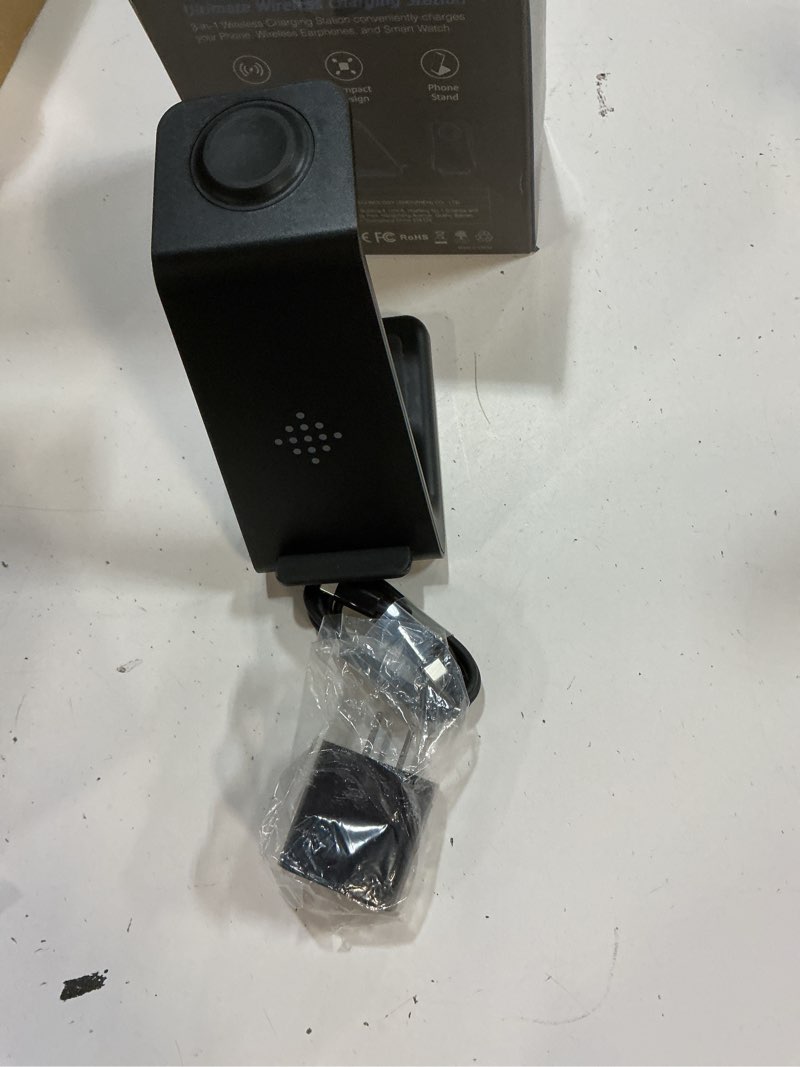 Condition photo showing As Is for 3 in 1 wireless charging station, 2026 upgraded fast desk charger station for iphone 17 16 15 14 13 12 pro max plus, charger stand for apple watch 10 9 8 7 6 5 4 3 2 se, airpods 4 3 2 pro(black) b-black