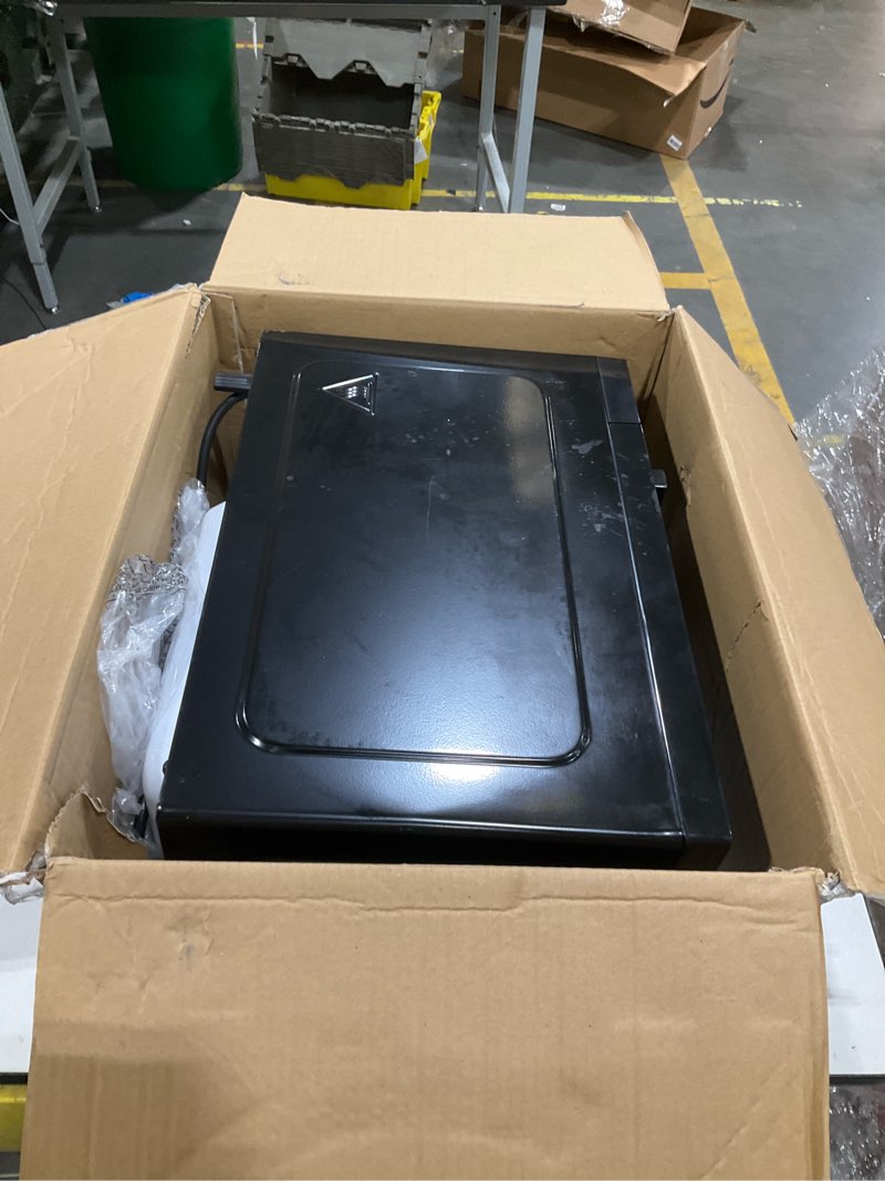 Condition photo showing As Is for chefman countertop microwave oven 0.9 cu. ft., 900 watts with 10 power levels, 6 cooking presets with one-touch express cook, eco mode, child safety lock, & mute button - black black 0.9 cu. ft