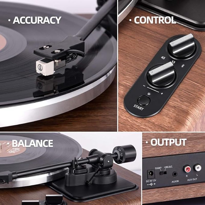 Condition photo showing Good Condition for 1byone belt driven turntable with built in stereo speaker, wireless connection vintage style record player, vinyl to mp3 recording, natural wood