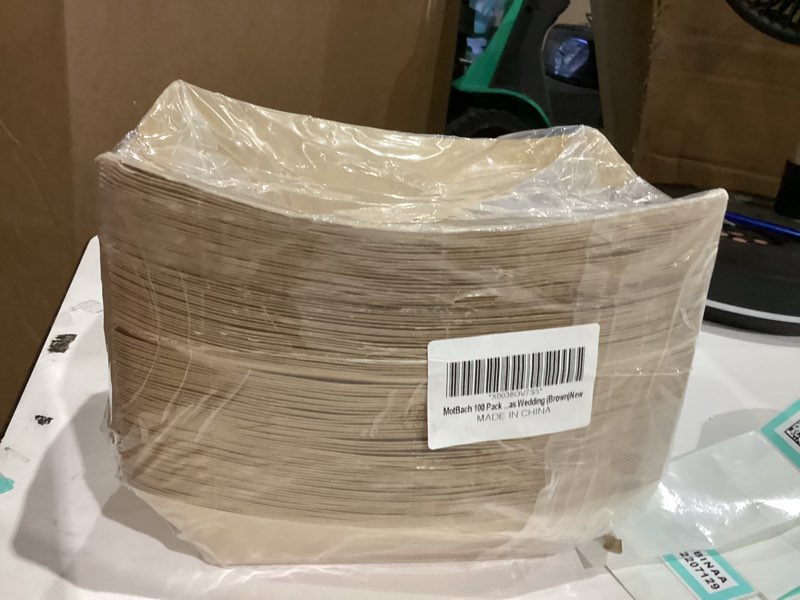 Condition photo showing New/Like New for MotBach 100 Pack 3lb Kraft Paper Food Trays, Heavy-Duty Paper Food Boat Disposable Serving Basket Tray for French Fries Nachos Snack Hot Dog Taco BBQ Popcorn Party Picnic Wedding Party (Brown)
