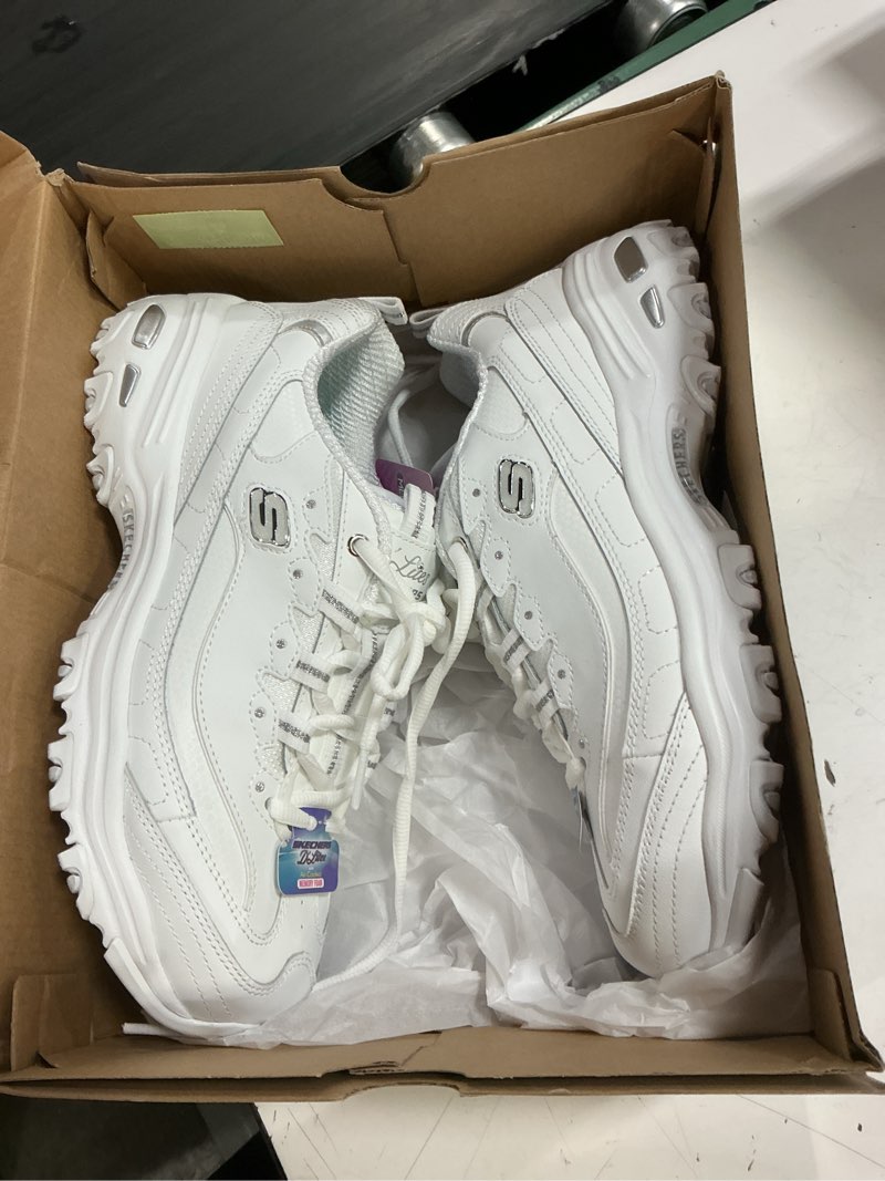 Condition photo showing New/Like New for skechers women's d'lites fresh start memory foam lace-up sneaker, white/silver, 9