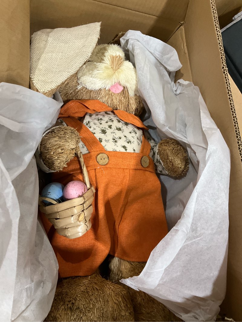 Condition photo showing Good Condition for juegoal easter bunny decor, 32"(2.6ft) large standing sisal rabbit figurine, handmade easter straw mrs. bunny statues, cute photo props gifts for farmhouse spring home porch decorations style a