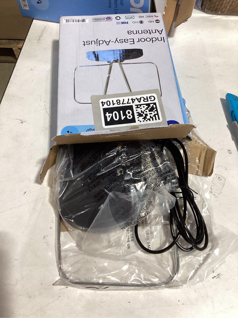 Condition photo showing As Is for onn indoor tv antenna with easy adjust, 20 miles range, includes coaxial cable, supports nextgen tv, 4k/8k hd, uhf and vhf