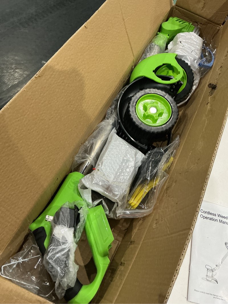 Condition photo showing As Is for brush cutter cordless weed wacker,electric weed eater battery for trimming | with 3blades,lightweight only 2.6lb,battery powered by 2pcs 4ah batteries,for garden trimming lawn