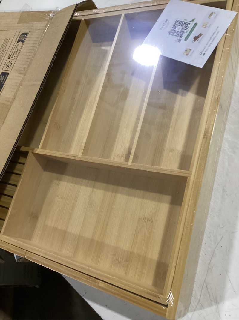 Condition photo showing Good Condition for vaefae extra large kitchen utensil holder, bamboo silverware drawer organizer, expandable cutlery organizer with knife block, multifunctional drawer divider (10-12 compartments) 20.6" to 35.04" wide