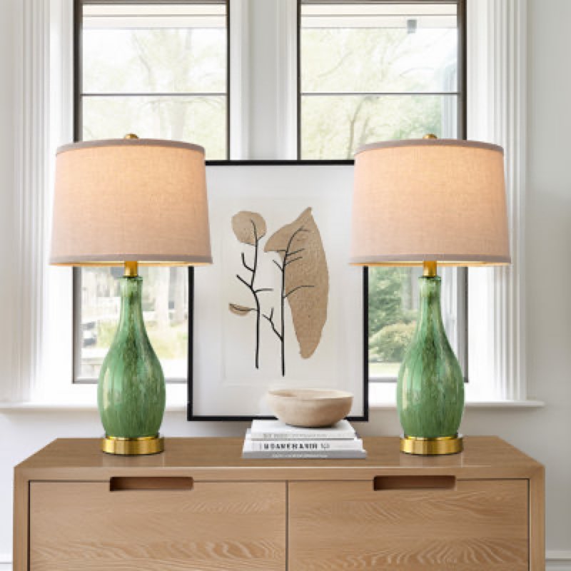 24.5"modern Table Lamp Set, Gradient Green Art Glass Bedside Living Room Lamp With Usb