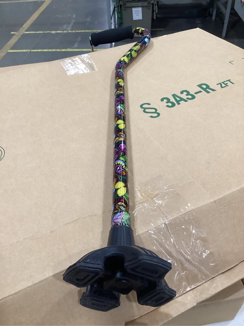 Condition photo showing As Is for nova joy designer offset quad cane for seniors - unisex adjustable lightweight walking aid with foam handle, wrist strap and anti-rattle lock - essential mobility support - butterfly