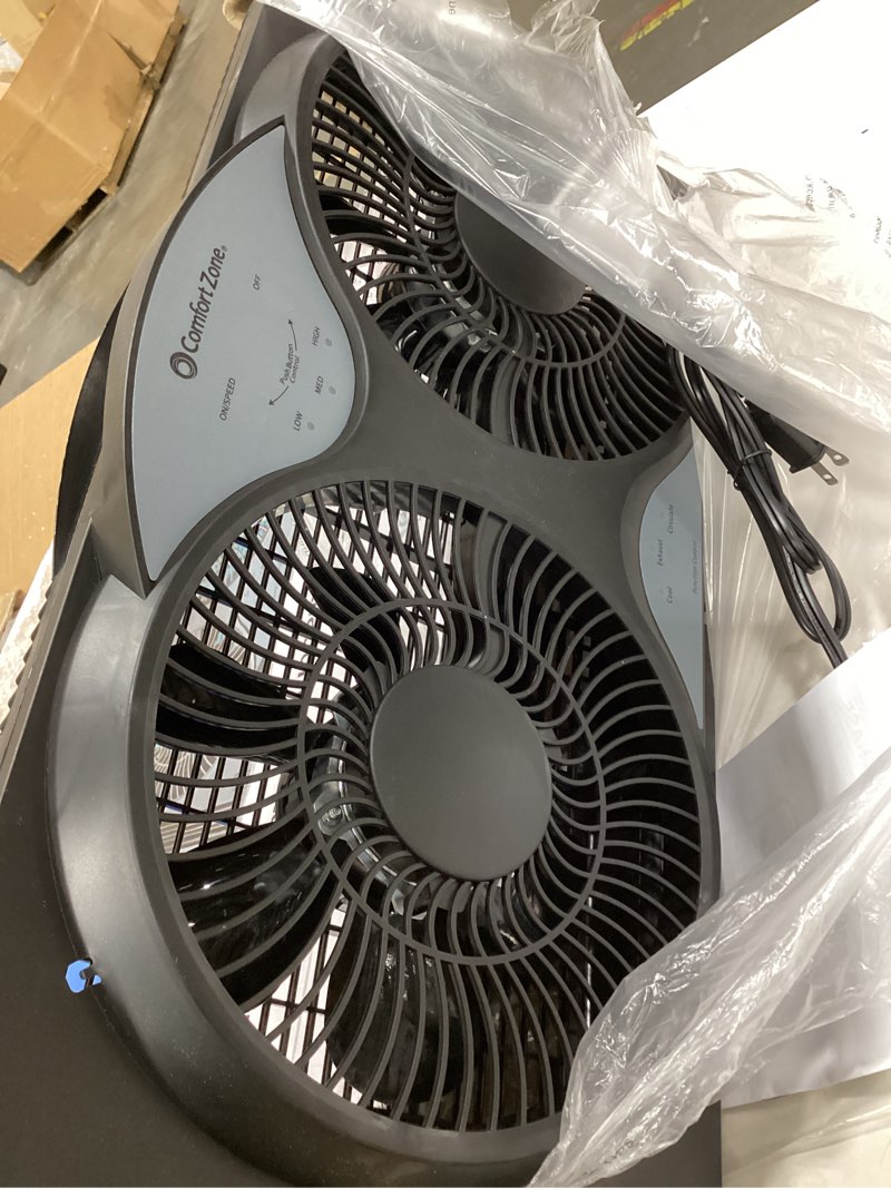 comfort zone 9-inch reversible twin window fan with remote control – 3-speed dual blade fan with exhaust, cooling & circulate modes, expandable width 23.5" to 37", removable bug screen & tabletop feet black 3-speed w/remote