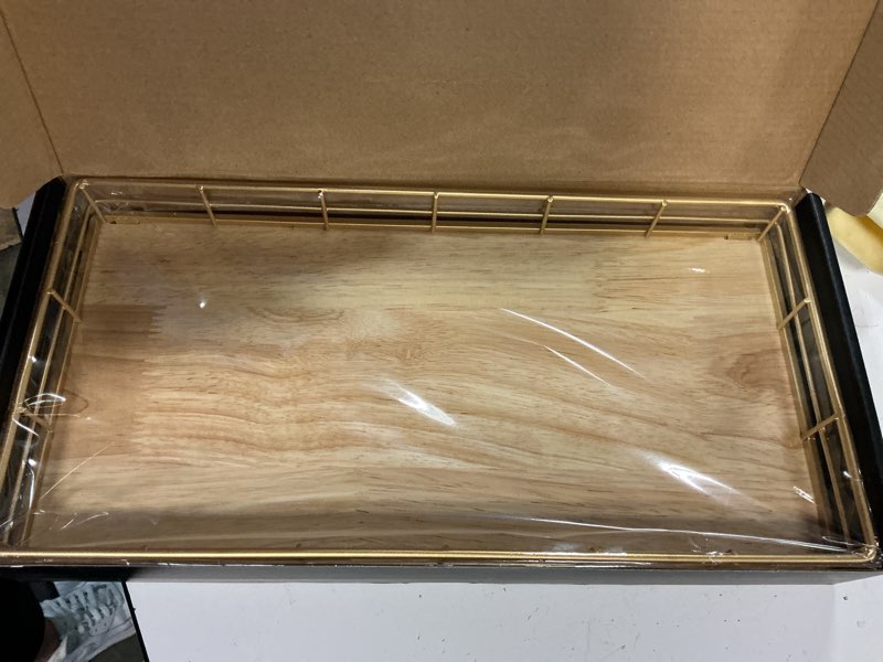 Condition photo showing New/Like New for toilet paper basket organizer – oak wood toilet tank tray with metal frame, bathroom counter top storage for toilet paper, wipes & decor, modern narrow back of tank shelf organizer, gold & nature oak gold & oak 13" x 6.5" x 2"