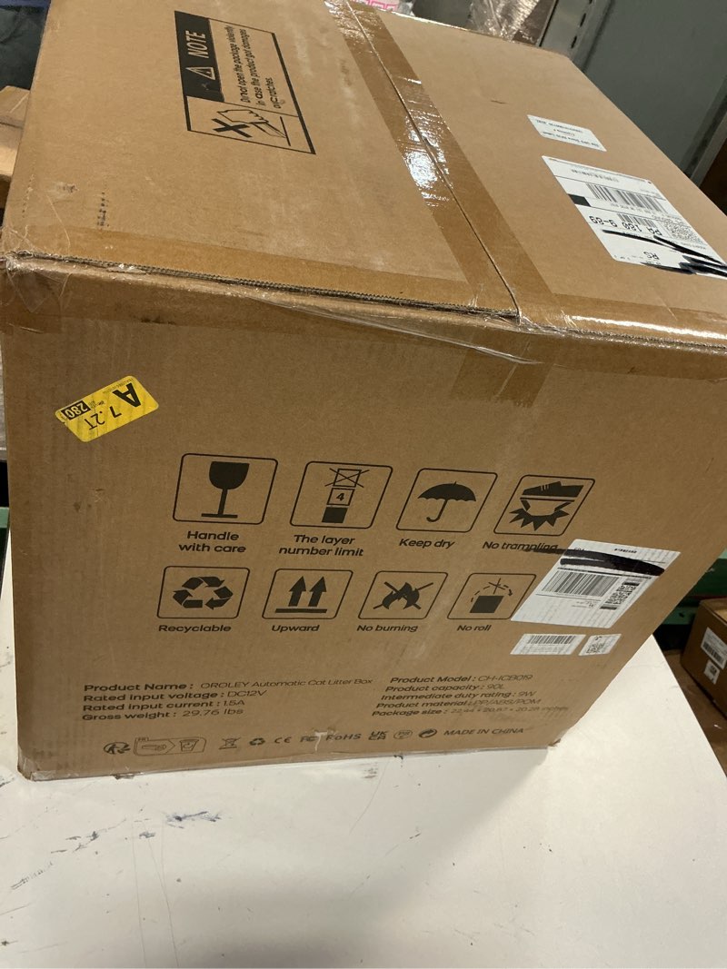 Condition photo showing New/Like New for oroley self cleaning litter box, large capacity automatic cat litter box with app control, safety sensors, built-in deodorizing scent box, and 1 roll garbage bags ?white off-white